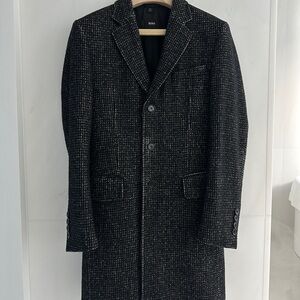 BOSS Men's Black and Gray Textured Trench Coat